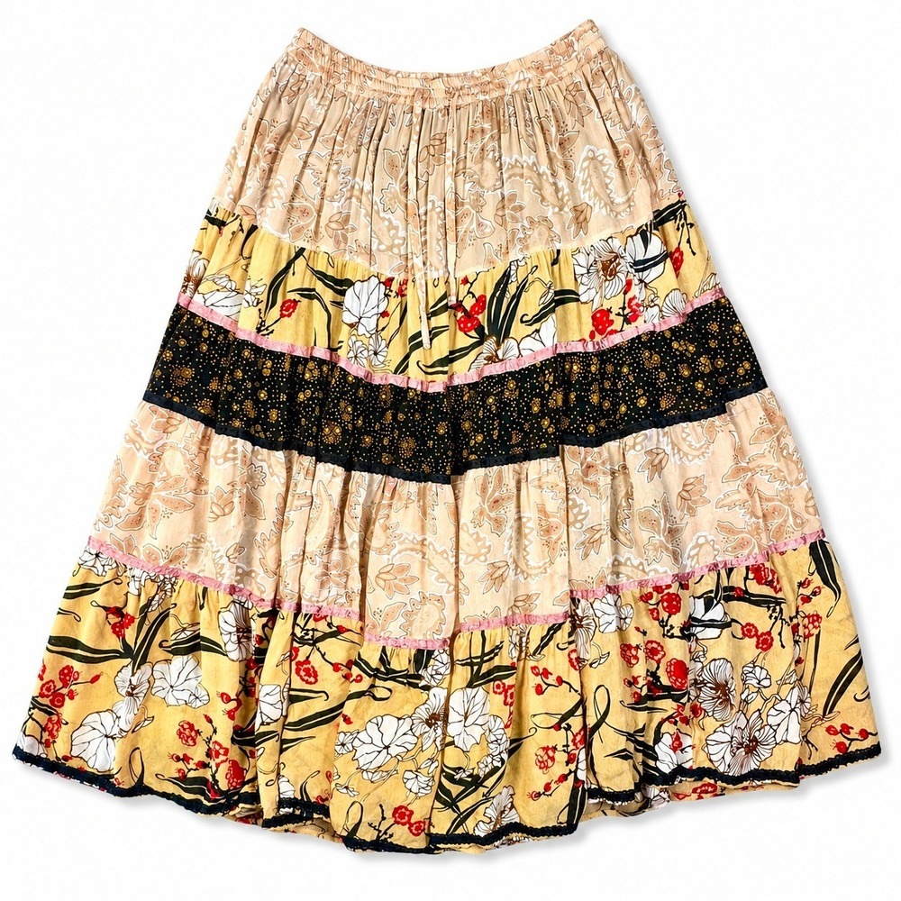 Anii By Natural Maxi Skirt Womens L Tan Floral Tiered Boho Peasant Rayon Hippie